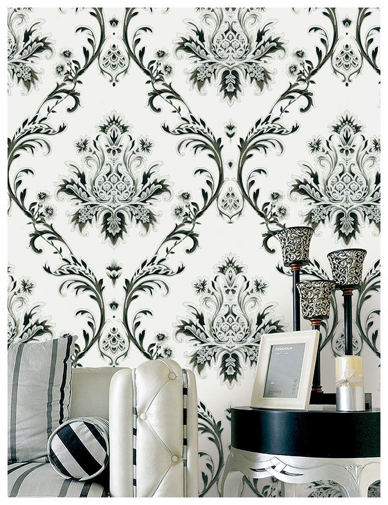 Amazon | HaokHome 1004ダマスク壁紙ロールオフホワイト